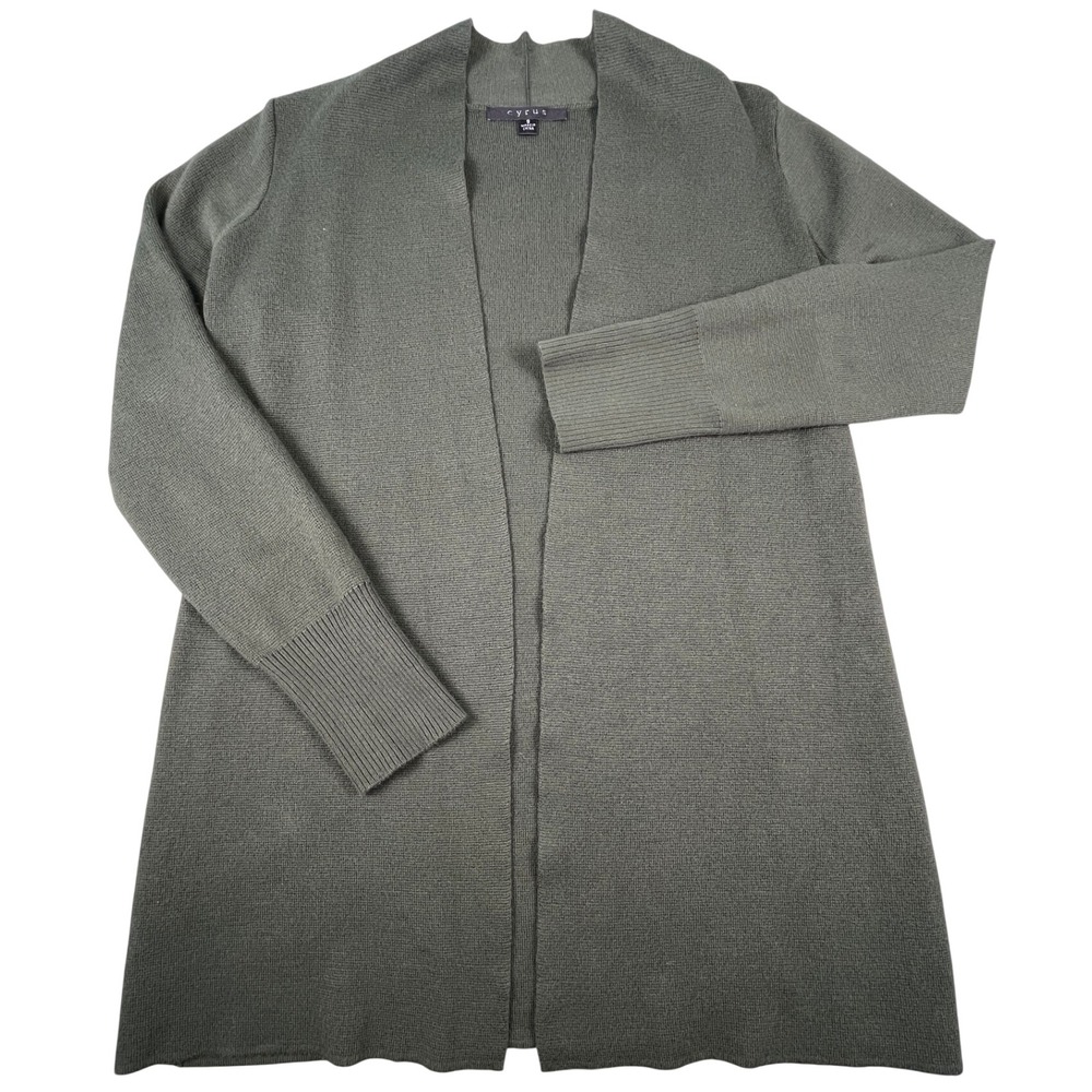 Cyrus Cardigan Womens Small Olive Green Open Front Longline Ribbed Button Cuff